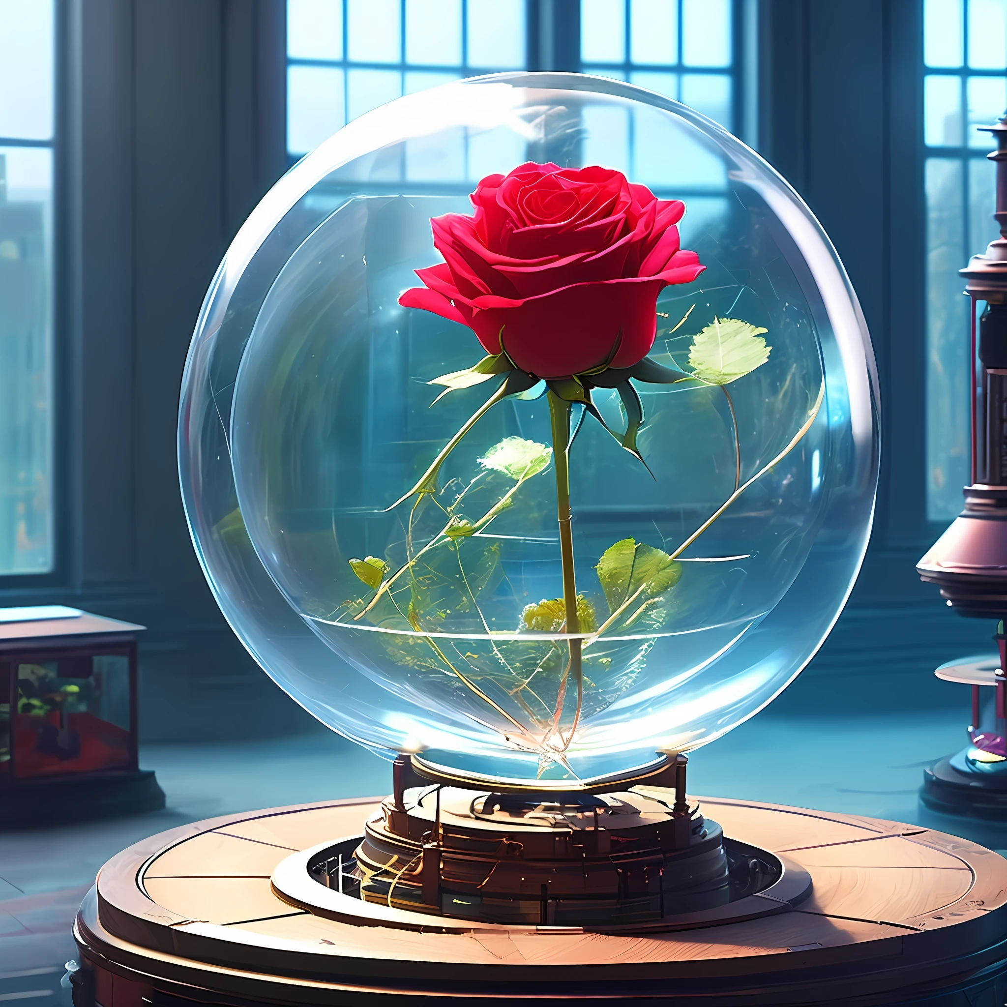 there is a rose floating in a 유리 돔 on a music box base, 멜랑코닉 로즈 소프트, 우아하고 우아한 빛, 붉은 장미, 투명 유리 꽃병, 우아한 아가씨, 유리 돔s, 내츄럴 포인트 로즈, 아름답게 조명, 우아한 빛, 우아하고 우아한, 로잘리아, 유리 돔, 아름다운 조명, 짧은 둥근 유리 꽃병에,  거대한 기계 장미, SF, 발명, 공상 과학, 복고풍 미래주의