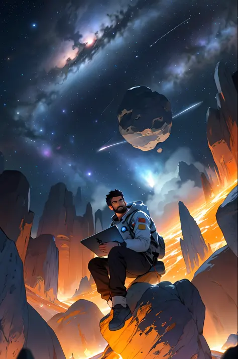 Draw a young astronaut sitting on a research platform floating in the middle of an asteroid belt. He is studying with a laptop, surrounded by several asteroids glowing with auras of fire. The dramatic illumination of distant stars and planets illuminates t...