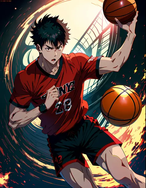 anime character in a red shirt and black shorts holding a basketball ball, badass anime 8 k, scence of slam dunk, anime style 4 ...