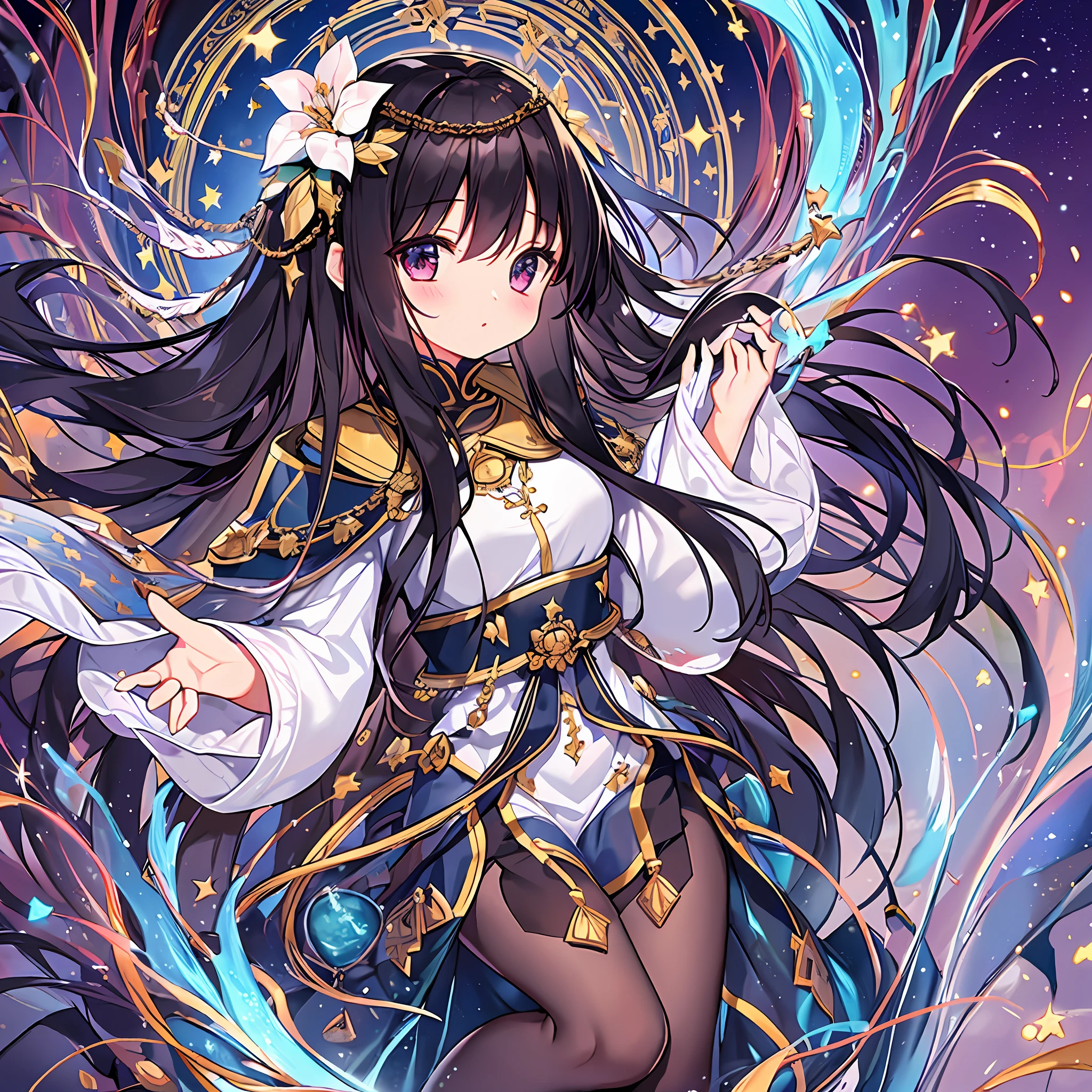 a unsullied cute girl, 1girl is purity, seraph, close-up of full body, detailed face, beautiful dark brown hair, beautiful black eyes, very long hair, divine, stars, sacred place, sacred garments cover her whole body