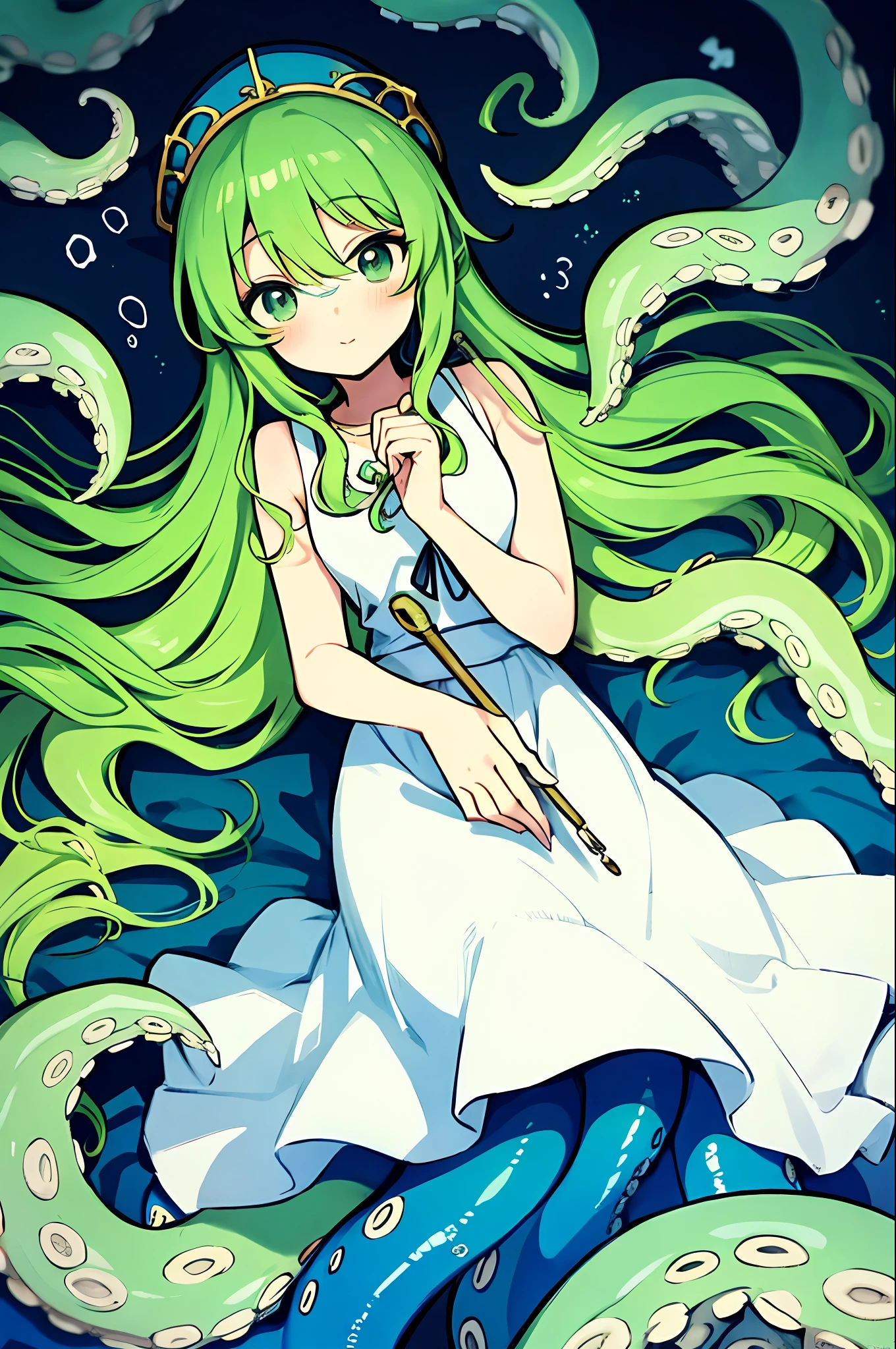 Anime-Mädchen mit hellgrünen Haaren und einem weißen Kleid, das einen Zauberstab hält, Oktopus-Göttin, Skylla, Anime-Monstermädchen, Meisterwerk, beste Qualität, hinlegen