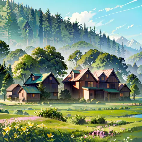 Lush forests, rivers, farmhouses working in distant fields, old houses, dusk, modern buildings that do not fit the landscape tow...