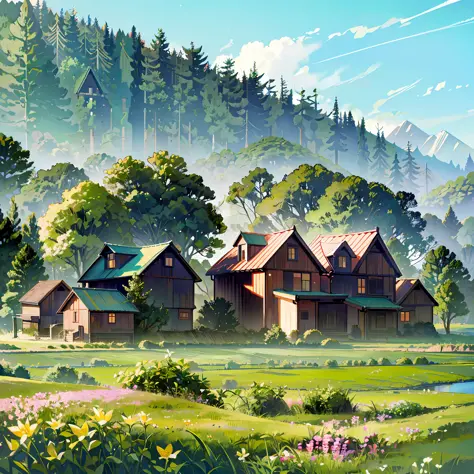 lush forests, rivers, farmhouses working in distant fields, old houses, dusk, modern buildings that do not fit the landscape tow...