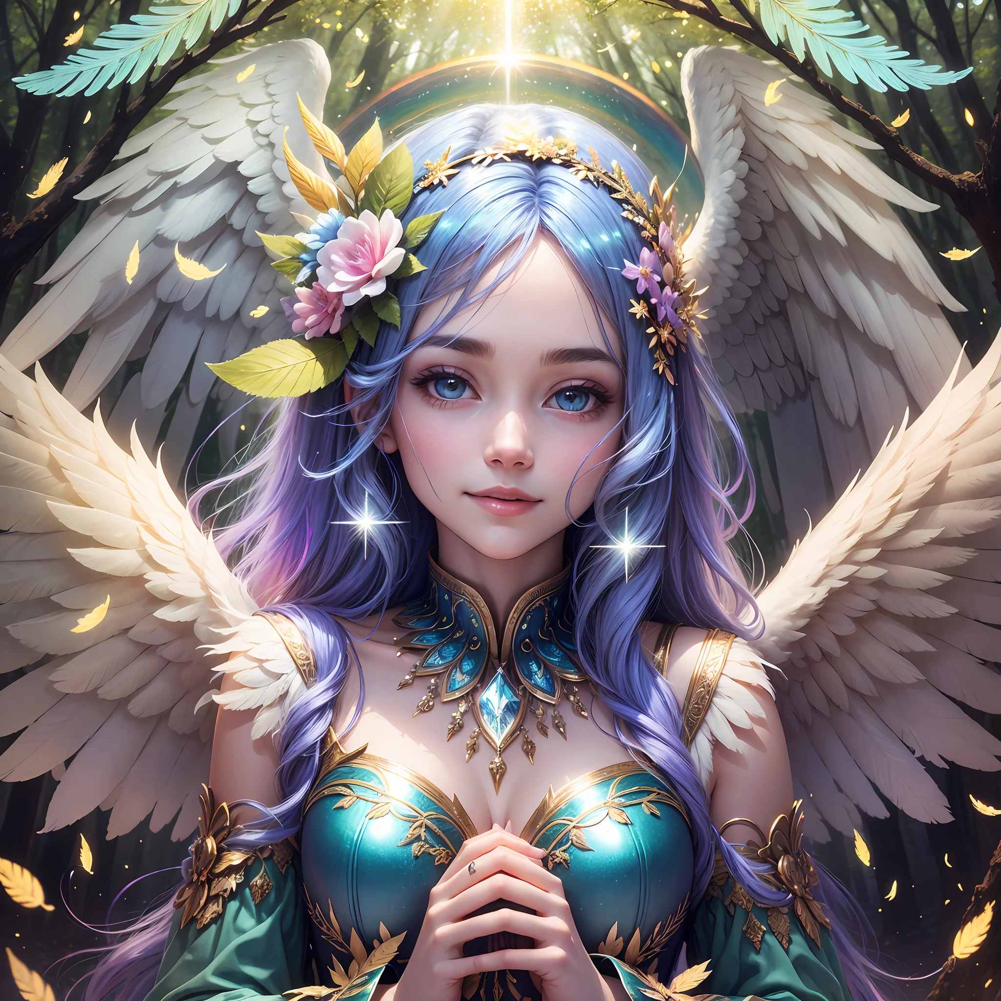 with angels, relief, soft smile, glowing forest, mysterious, spring, light, halo, feathers, joy, lassen, healthy, glitter, rainbow