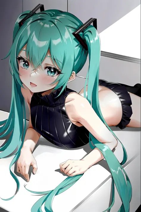 Miku, twin tails, squirming expression, sexy body,