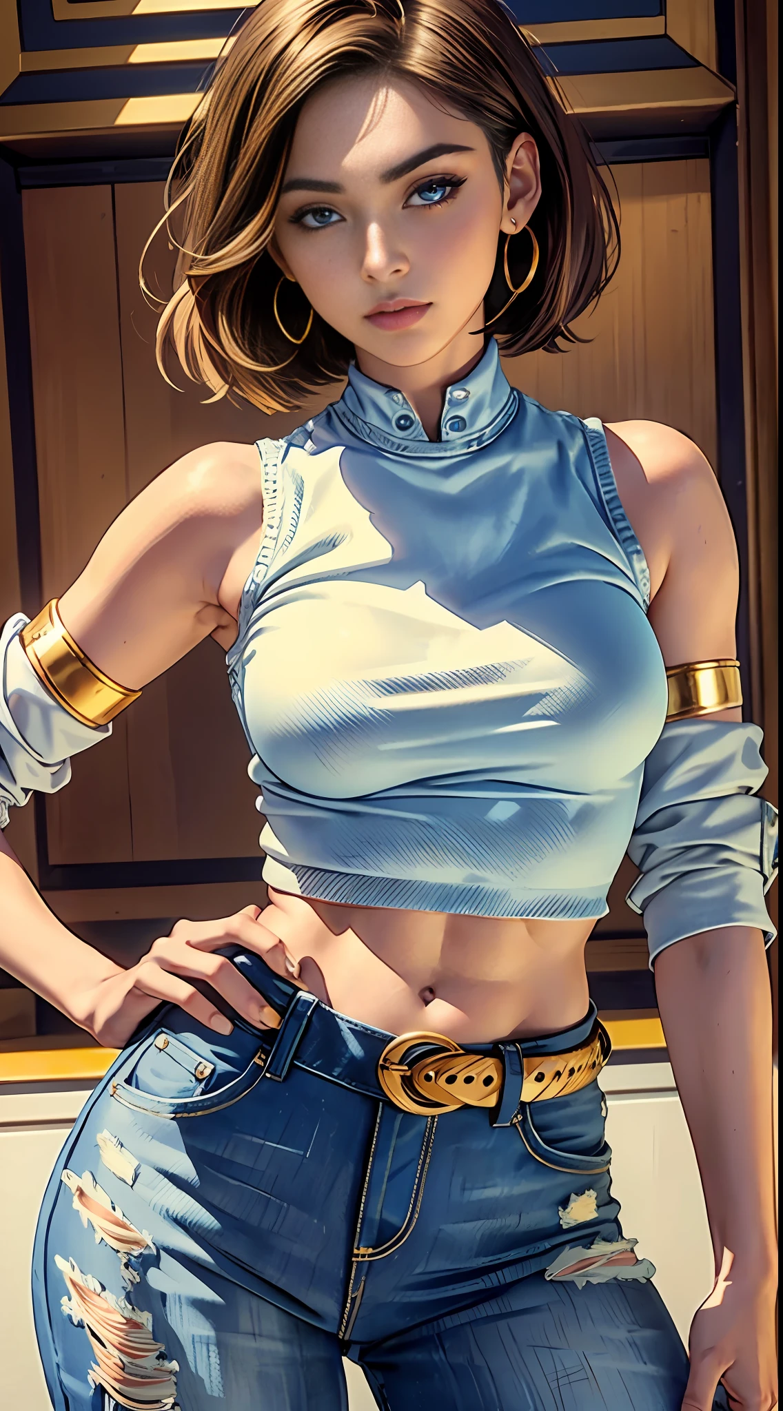 20-year-old woman, (android_18), (perfect face), well-defined chin, beautiful lips, (short gold straight Bob haircut), (beautiful bright blue eyes), (perfect anatomy), sports body, (sexy), (perfect hands), (hands on waist), small simple gold earrings, (blue denim vest without buttons under black shirt), (long white striped sleeves), (denim skirt), (black pants), (medium shot photo), (country background), realistic