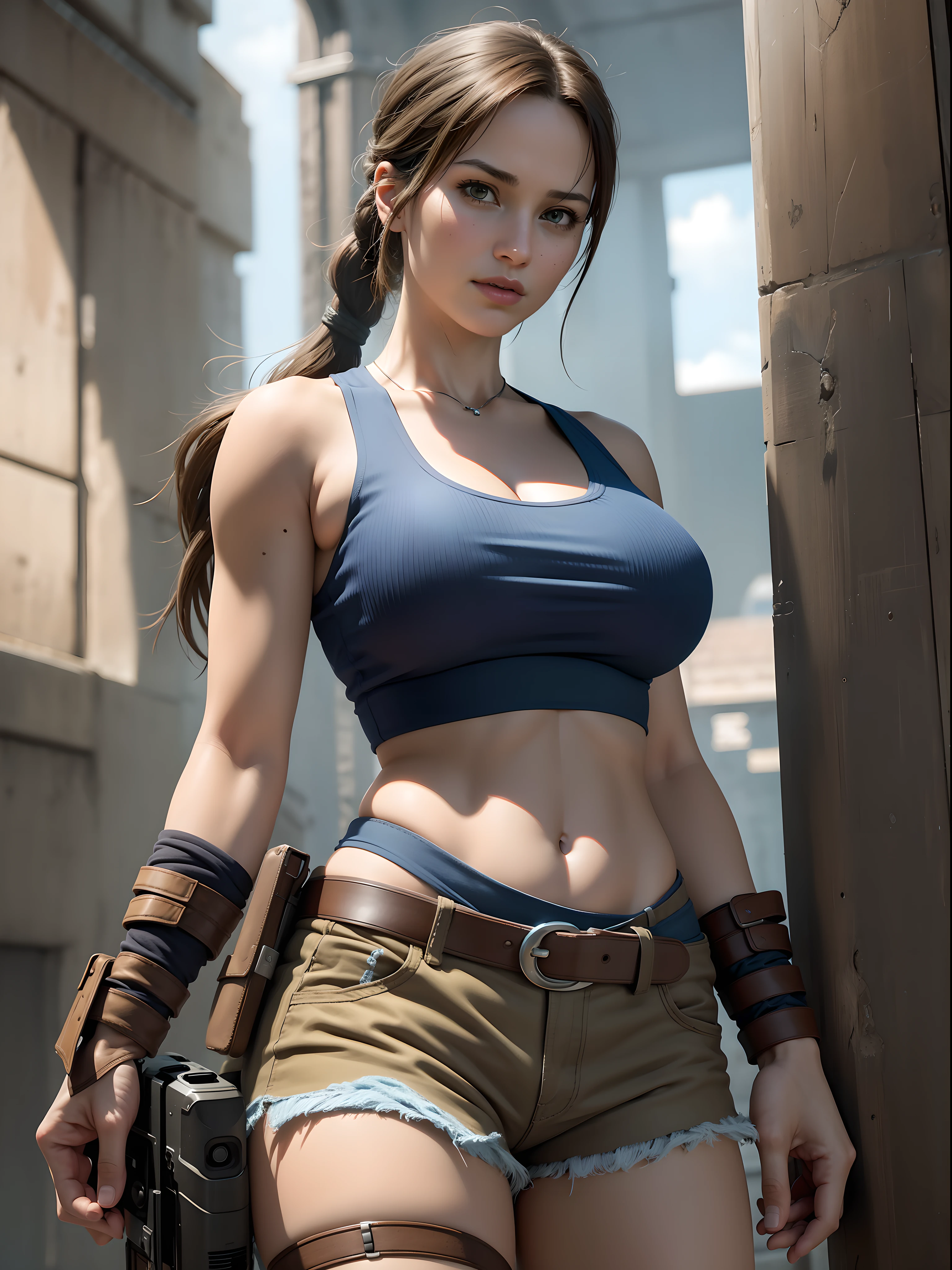 (random result), (RAW style, masterpiece, best quality, hyperrealistic, highres, unreal engine,) lara croft, large breast, blue tank top, brown shorts, cowboy shot