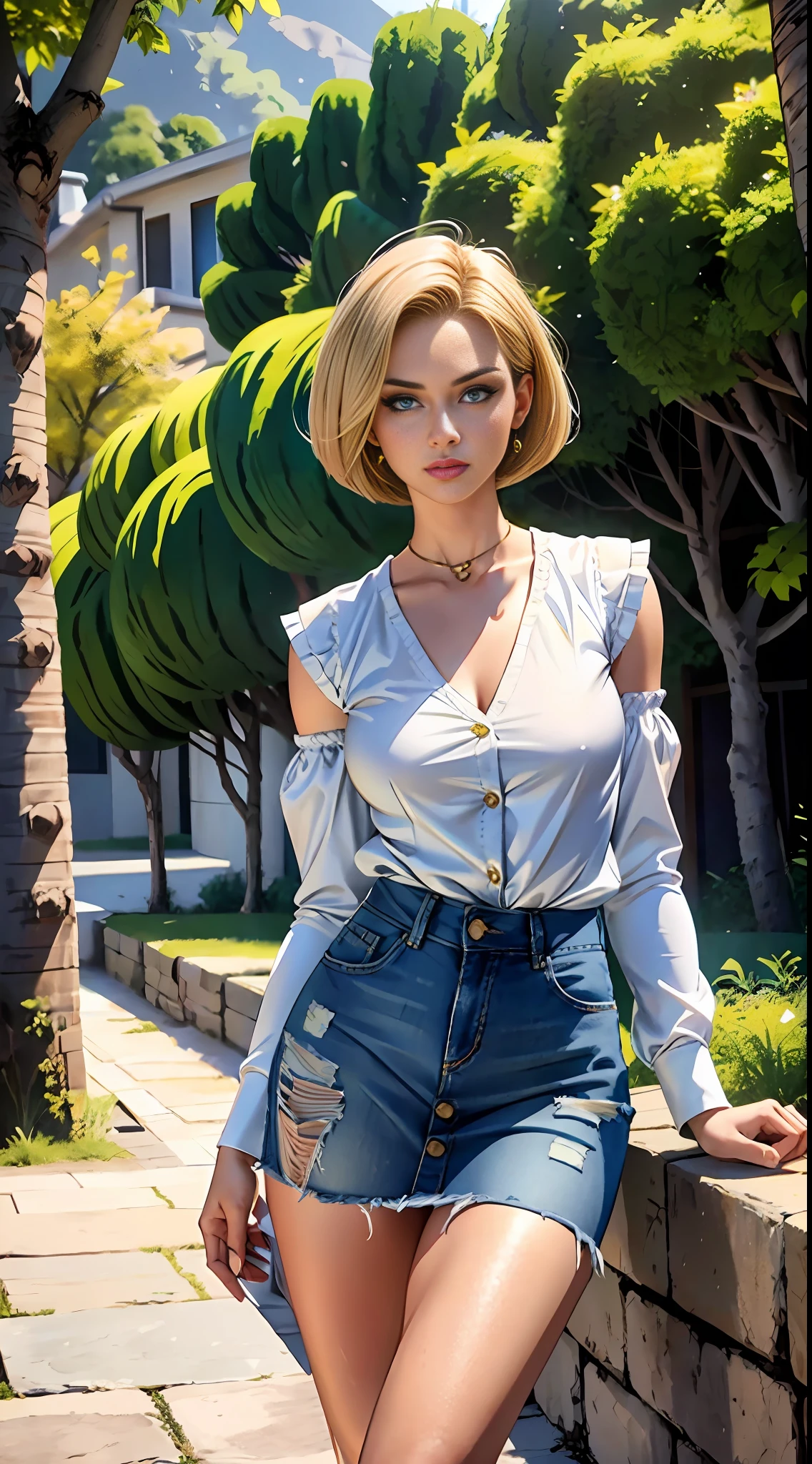 20-year-old woman, (android_18), (perfect face), well-defined chin, beautiful lips, (short gold straight Bob haircut), (beautiful bright blue eyes), (perfect anatomy), sports body, (perfect hands), (hands on waist), small simple gold earrings, (blue denim vest without buttons under white shirt), (long white striped sleeves), (denim skirt), (manor background), realistic, full body, full body photo