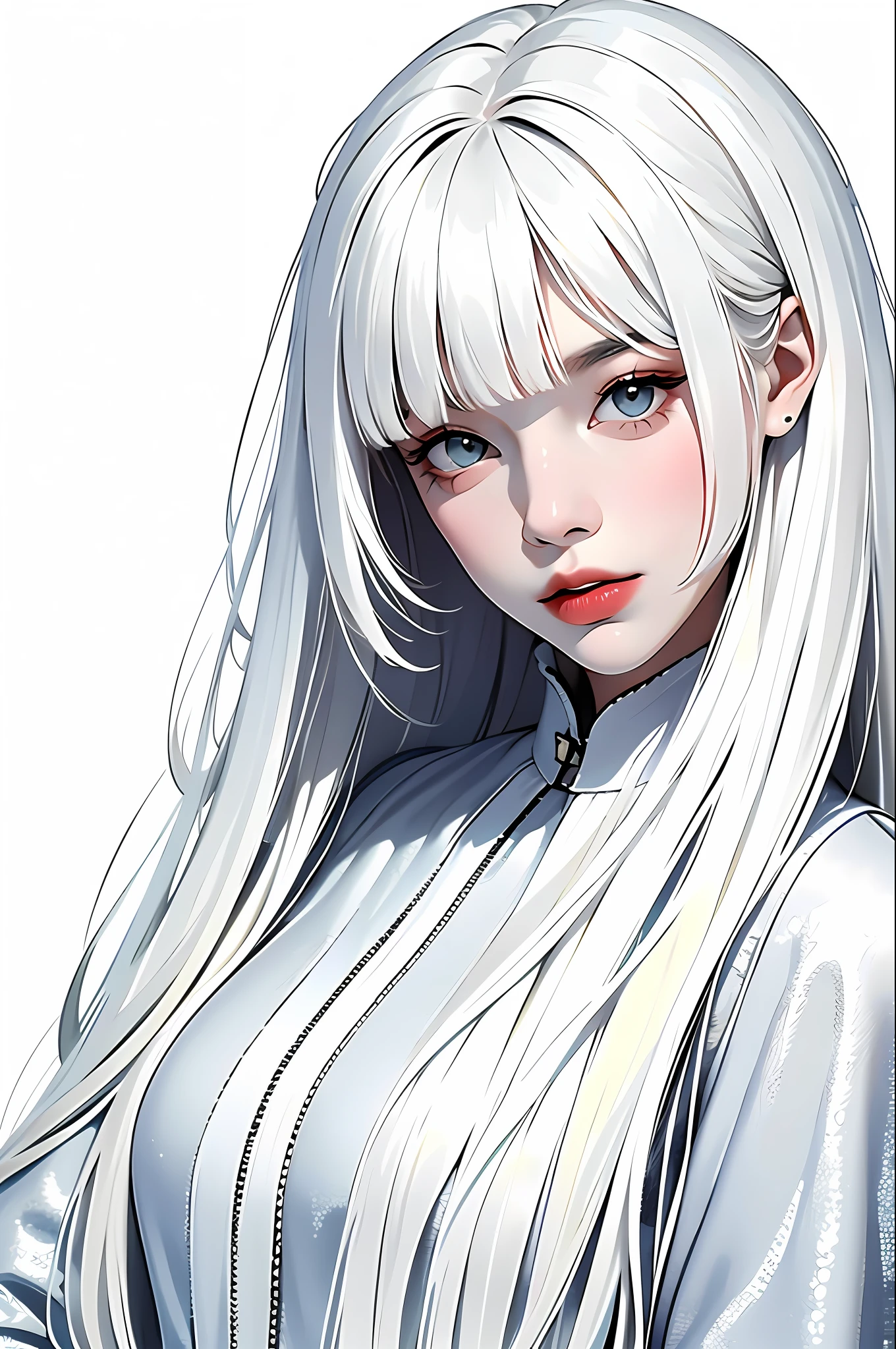 masterpiece, best quality, ((pure white background)), standing, woman with long white hair and bangs, cold face, fair skin, black and white dress, sad expression, light effect, soft, super clear, high-definition image, (front)