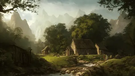 painting of a mountain village with a stream running through it, village in the woods, illustration matte painting, hidden villa...