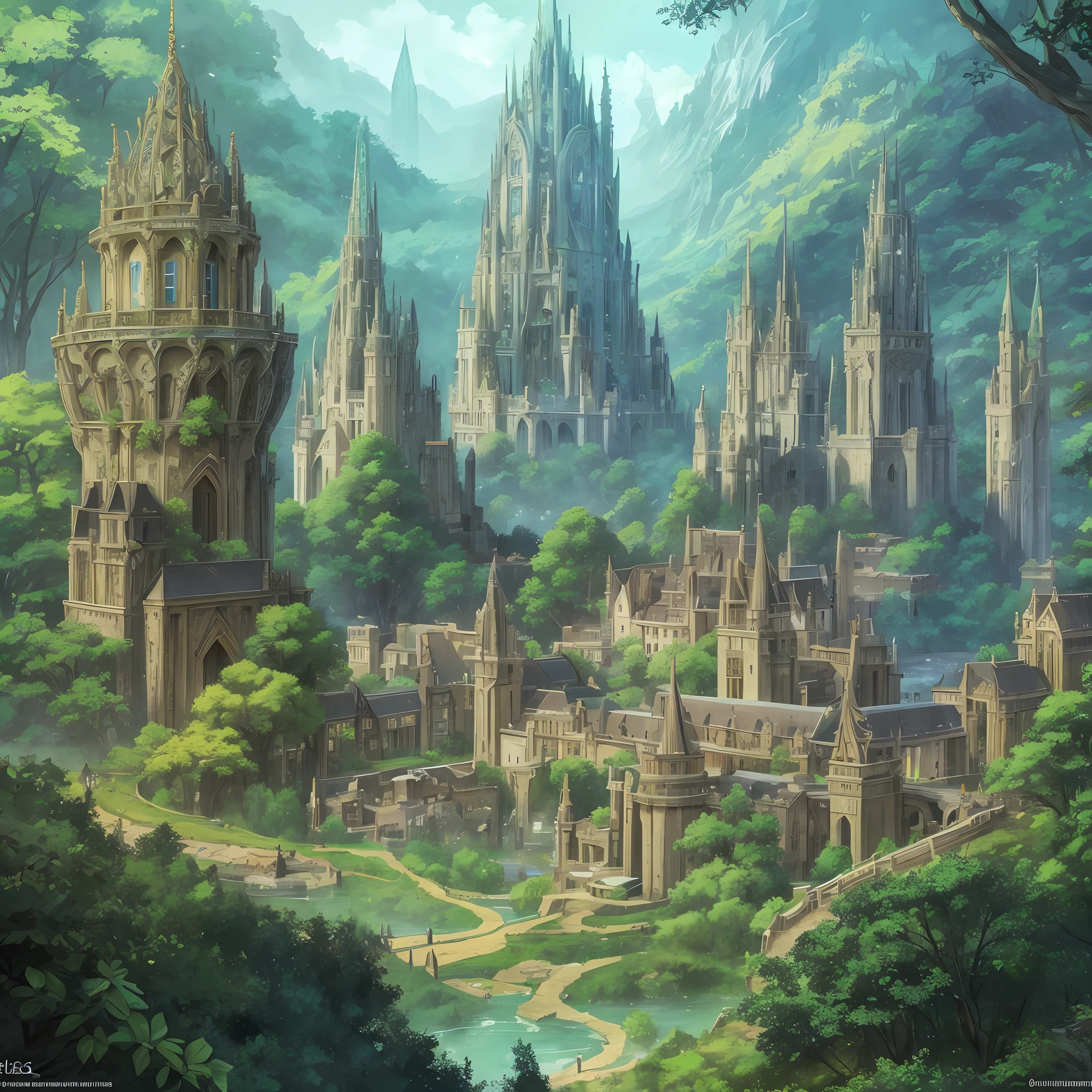 A large elven city in a thick and gigantic magical forest, the houses and walls and the castle has an architecture that mixes ancient Greek and Celtic. That the colors of the forest are bright and colorful --auto --s2