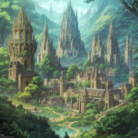 A large elven city in a thick and gigantic magical forest, the houses and walls and the castle has an architecture that mixes an...