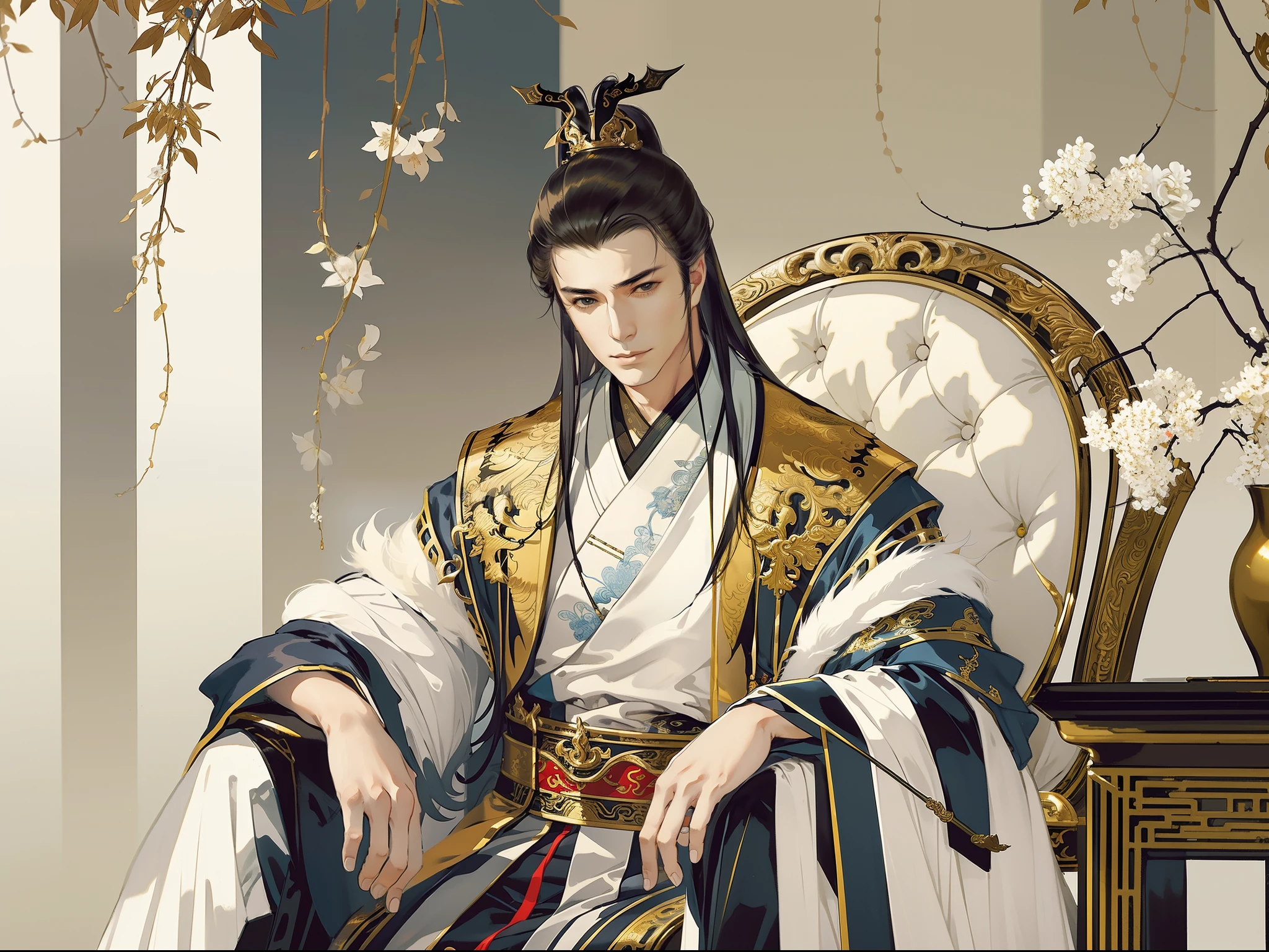 古代中国のハンサムな男性, きりっとした目, はっきりとした顔立ち, 漢服を着て, 玉座に座る, 空の宮殿, 王様気質, 全身ポートレート, クリアな顔, 美しい目, 傑作, 非常に詳細な, 壮大な構成, スーパーHD, 高品質, 最高品質, 32K
