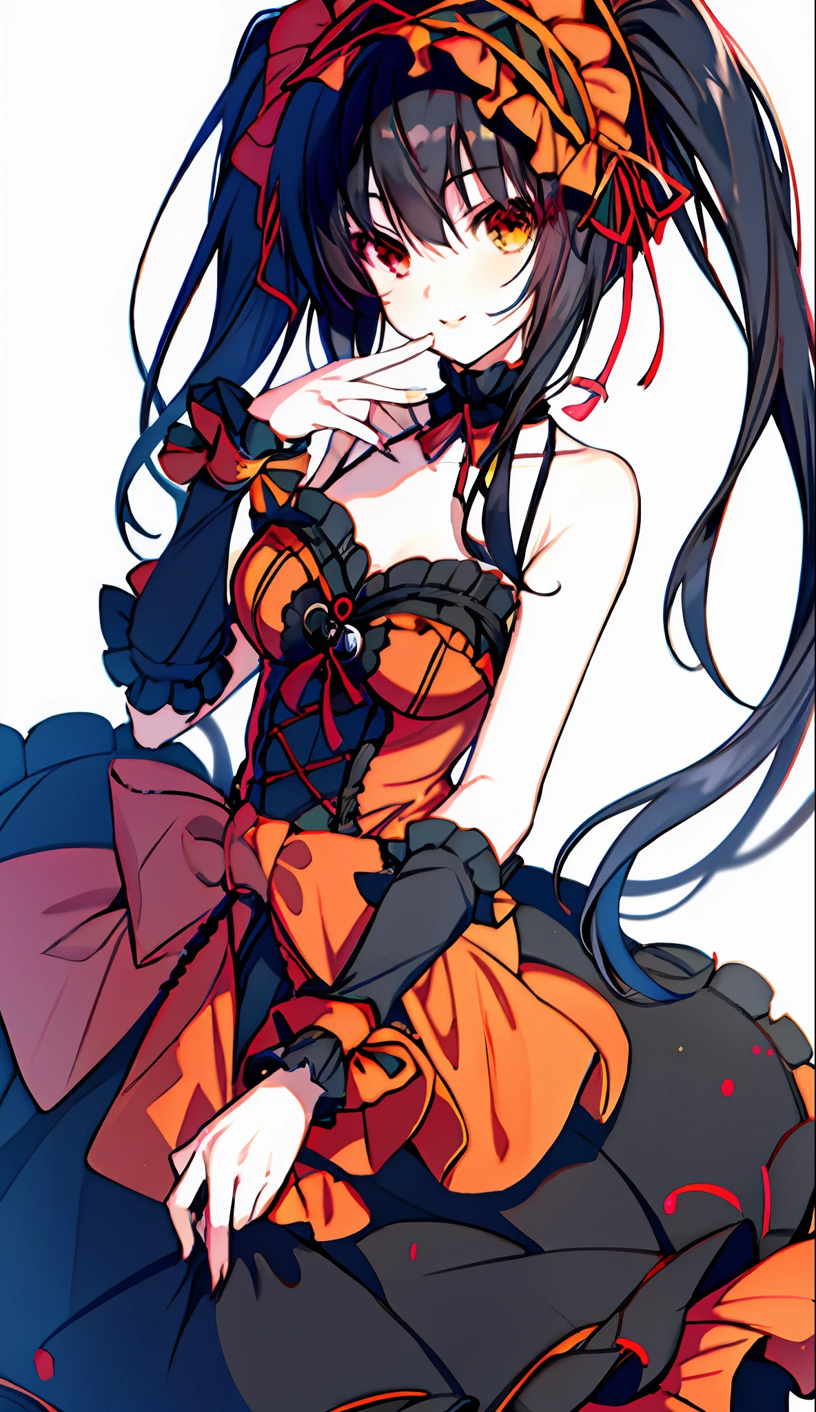 1 Beautiful Girl, Masterpiece, Top Quality, 8K Anime, 1 Girl, Solo, Detailed Fingers, Precise Fingers, Non-Unnatural Hands, Odd Eye, Black Hair Twin Tails, Kurumi Tokizaki,