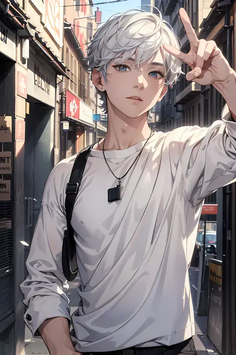 (absurdres, highres, ultra detailed, HDR), masterpiece, best quality, a boy, solo, handsome, short hair, white hair, finely eye and detailed face, casual clothes, real shadow, lift hand in peace sign, joyful, ear piecing,