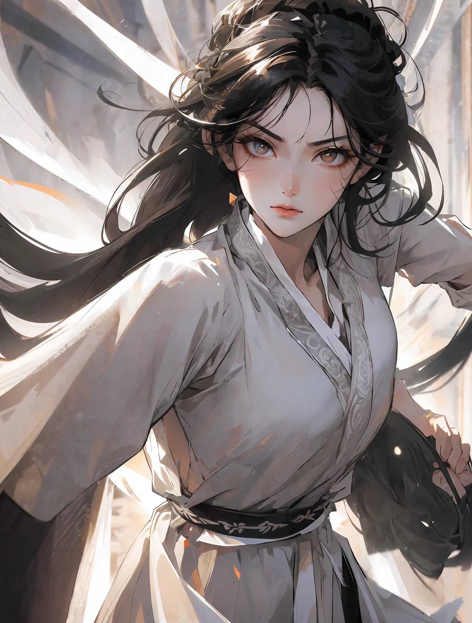 Close-up of a woman with black hair, martial arts style, white clothes, ink smudging, extreme details, dynamic composition, perfect composition, black and white ink style, face delicate and colorful, light color, fierce eyes, martial arts style, national style, delicate and beautiful face, waist seal, sharp eyes
