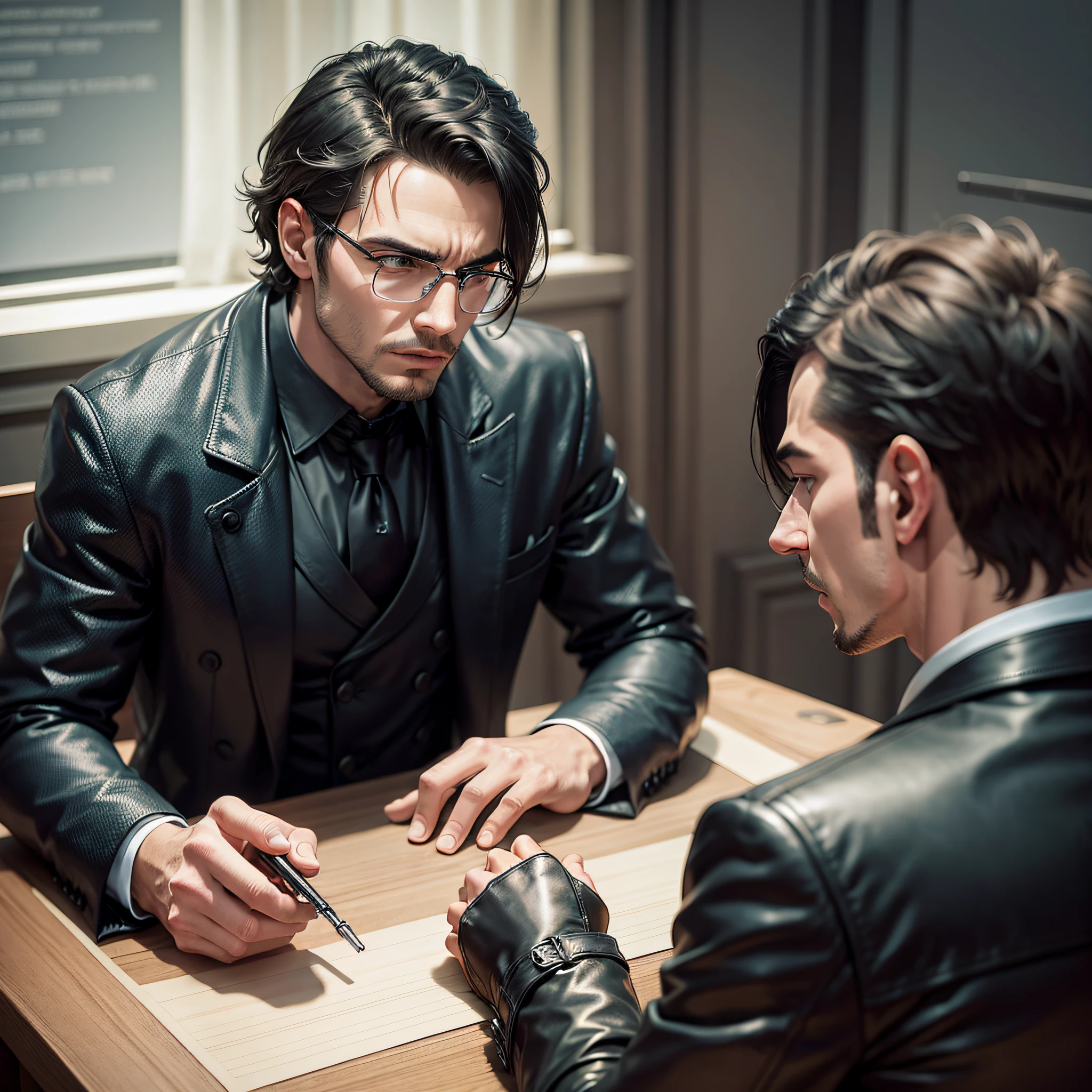 two men arguing on a table, a man in a suit sat across a man in a black leather trench coat, table, dark room, close up, faces