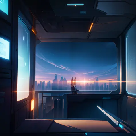 a gorgeous sci - fi bedroom matte painting by john harris, sparth and greg rutkowski, sharp edges, tiffany blue, grey orange, white and golden, sci - fi bedroom in a space base, outside the windows a future city skyline, light effect, ultra clear detailed,...