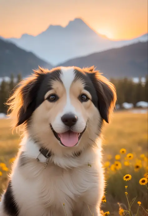 close-up photo of happy dog face, sunset, 80mm, f/1.8, degrees of freedom, bokeh, depth of field, subsurface scattering, stippli...