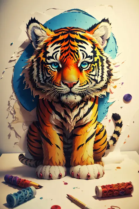 tiger,multi dimensional paper quilling, art, chibi,
yang08k,  beautiful,  colorful,
masterpieces, top quality, best quality, official art, beautiful and aesthetic,