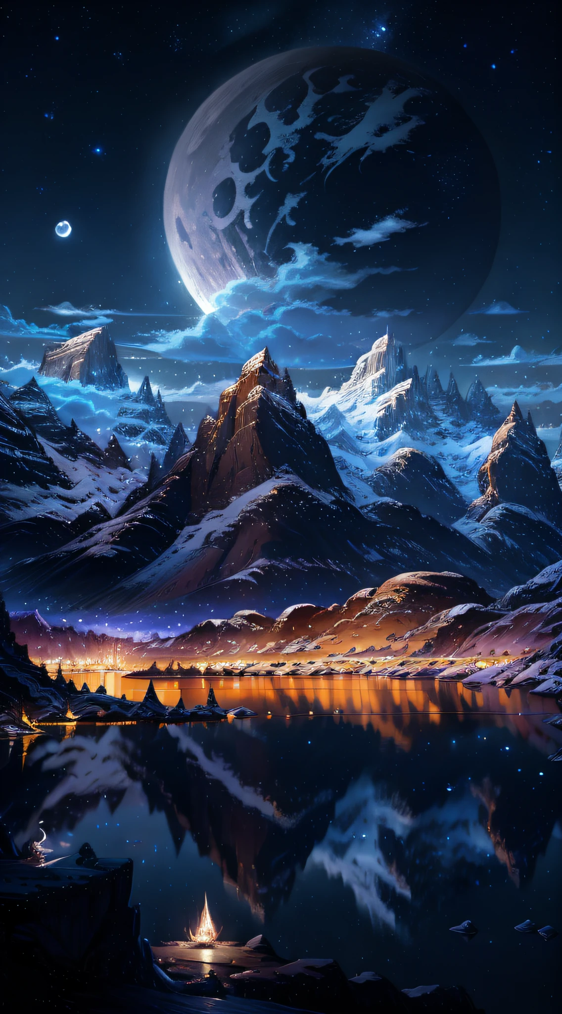 mountains and a lake with a moon in the sky, 4k highly detailed digital art, 4 k hd wallpaper very detailed, impressive fantasy landscape, sci-fi fantasy desktop wallpaper, unreal engine 4k wallpaper, 4k detailed digital art, sci-fi fantasy wallpaper, epic dreamlike fantasy landscape, 4k hd matte digital painting, 8k hd wallpaper digital art