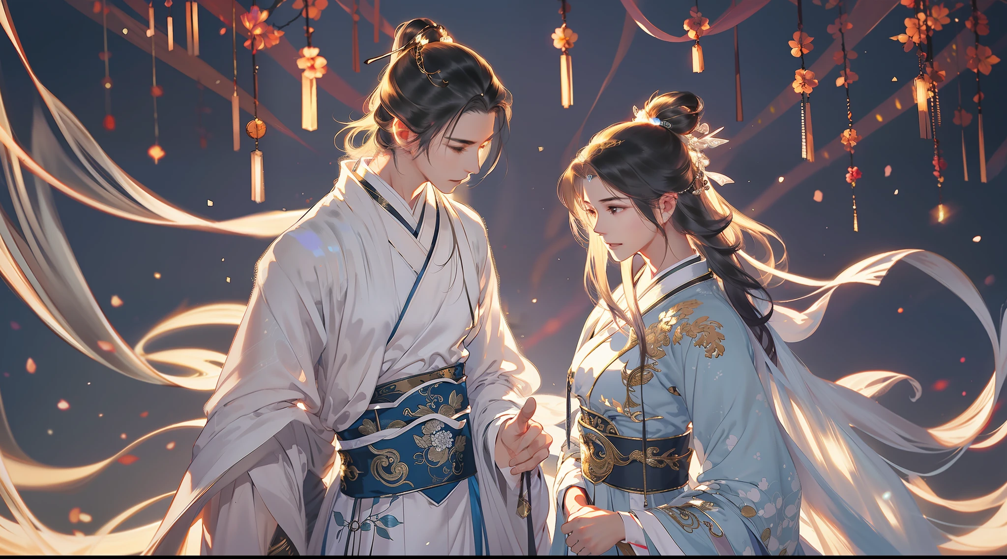A handsome Chinese boy and girl, full body, looking at each other, gentle eyes, clear facial features, wearing Hanfu, body surrounded by white mist, runes around, holographic reality, holographic halo, motion blur, game light effects, edge light, soft light, movie edge light, delicate light