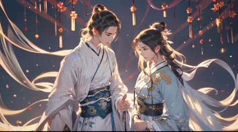 A handsome Chinese boy and girl, full body, looking at each other, gentle eyes, clear facial features, wearing Hanfu, body surro...