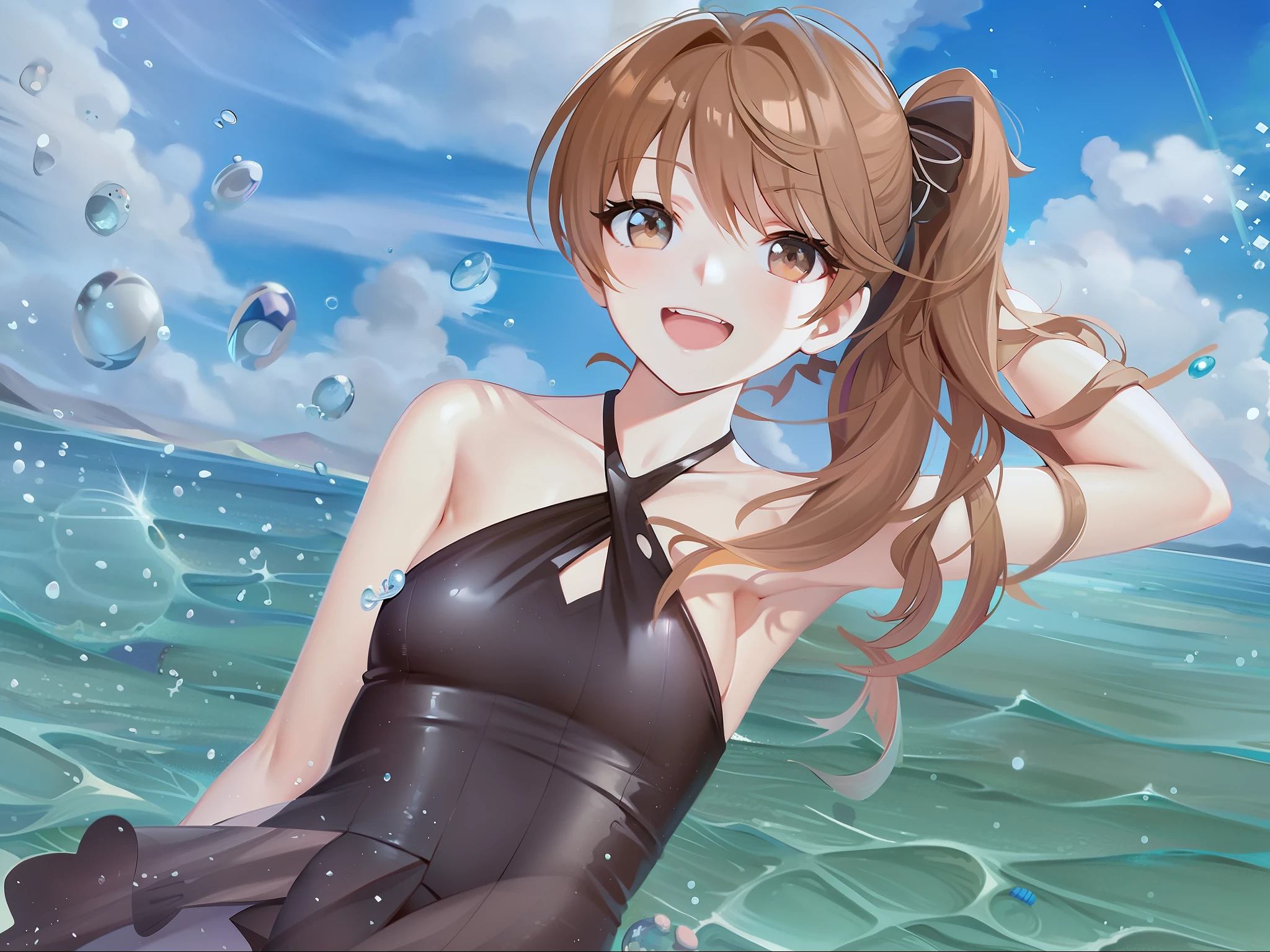 аниме девушка in a black купальник in the ocean, maтакже kitagawa fanart,  аниме-изображение милой девушки, гладкое аниме cg art, в море - SeaArt AI