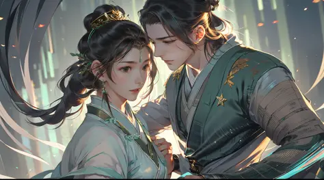 A handsome Chinese boy and girl rushed to each other, the whole body, gentle eyes, clear facial features, wearing Hanfu, body su...
