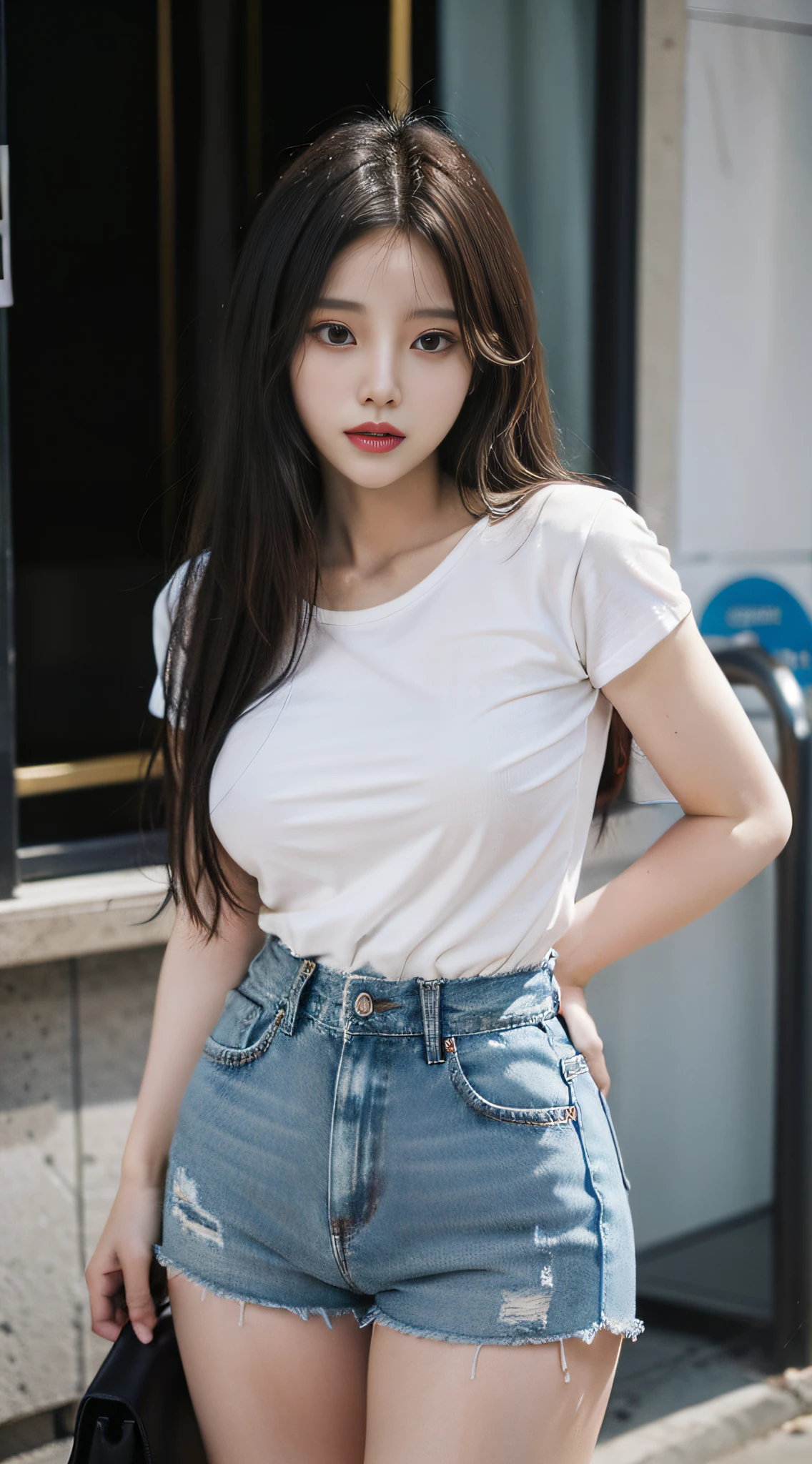 Arapei woman in street shooting, sexy, white western shirt, sexy shirt, skinny, jeans, shorts, 2 , thicc, she is about 2, height 170 cm, Korean, delicate face, realistic,