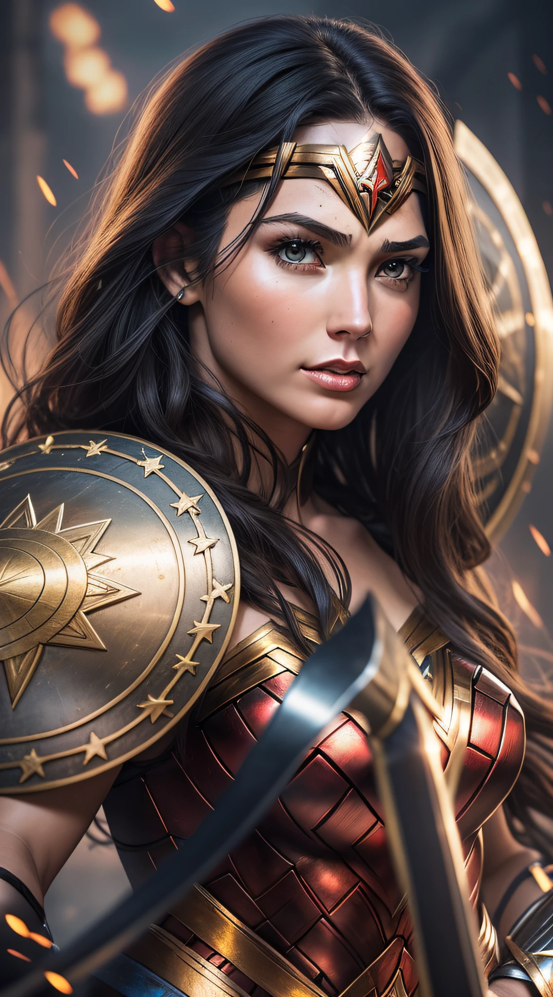 Wonder Woman, 1 girl, single, tall, holding sword and shield, muscle, wearing black and red armor with small gold lines, long black hair, best quality, masterpiece, breast, beautiful face, realistic face, battlefield in the background, high resolution