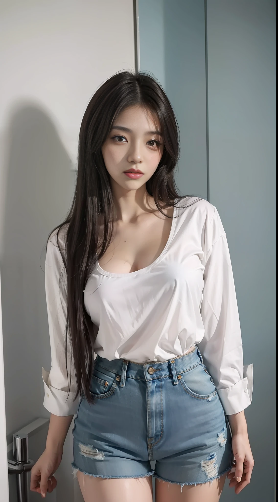 Araki woman in bathroom, sexy, white western shirt, sexy shirt, skinny, jeans, shorts, 2 2 years old, thicc, she is about 26 years old, height 170 cm, Korean, delicate face, realistic, japanese goddess,
