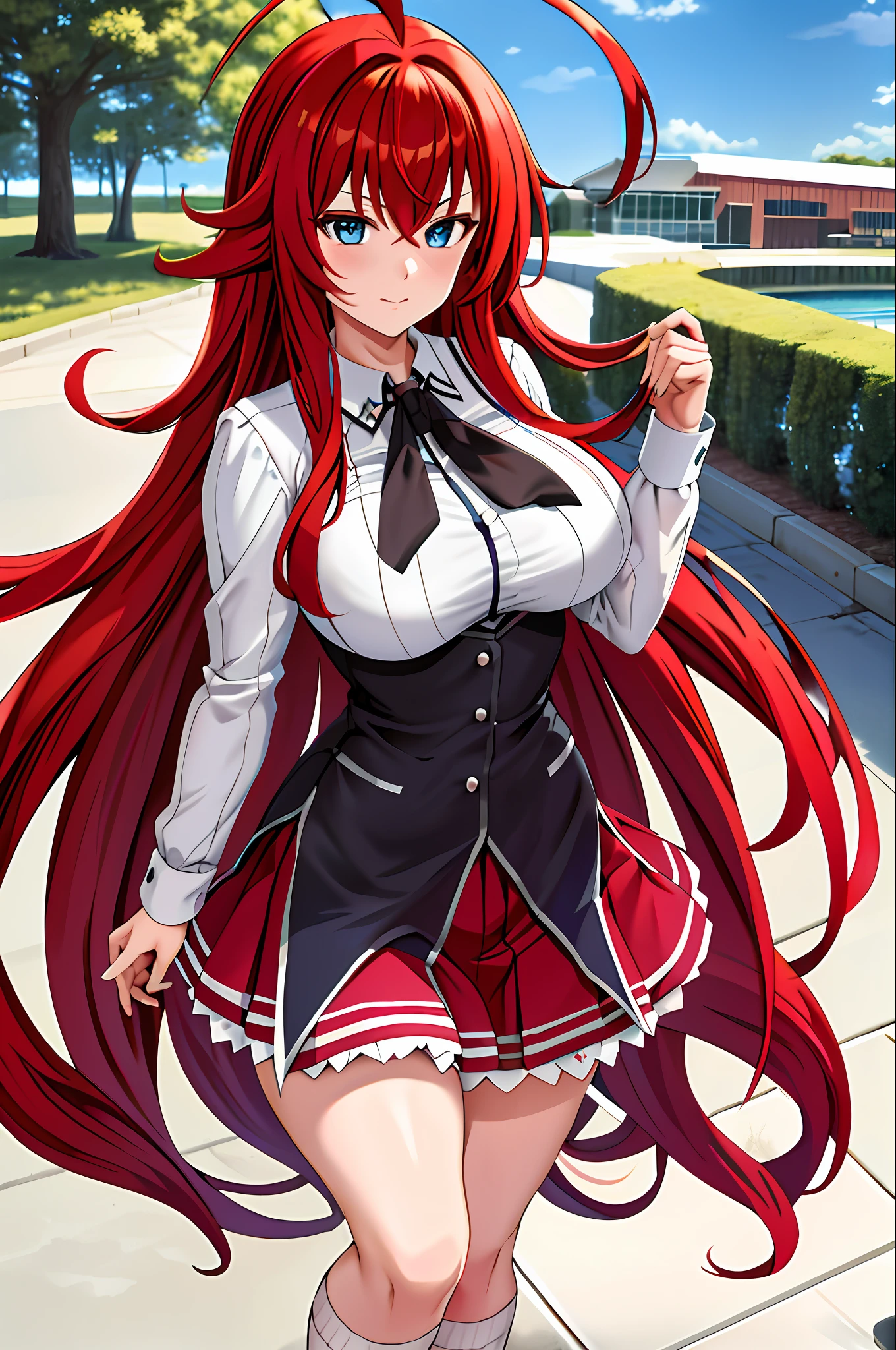 Anime girl with long red hair and a white shirt and black skirt - SeaArt AI