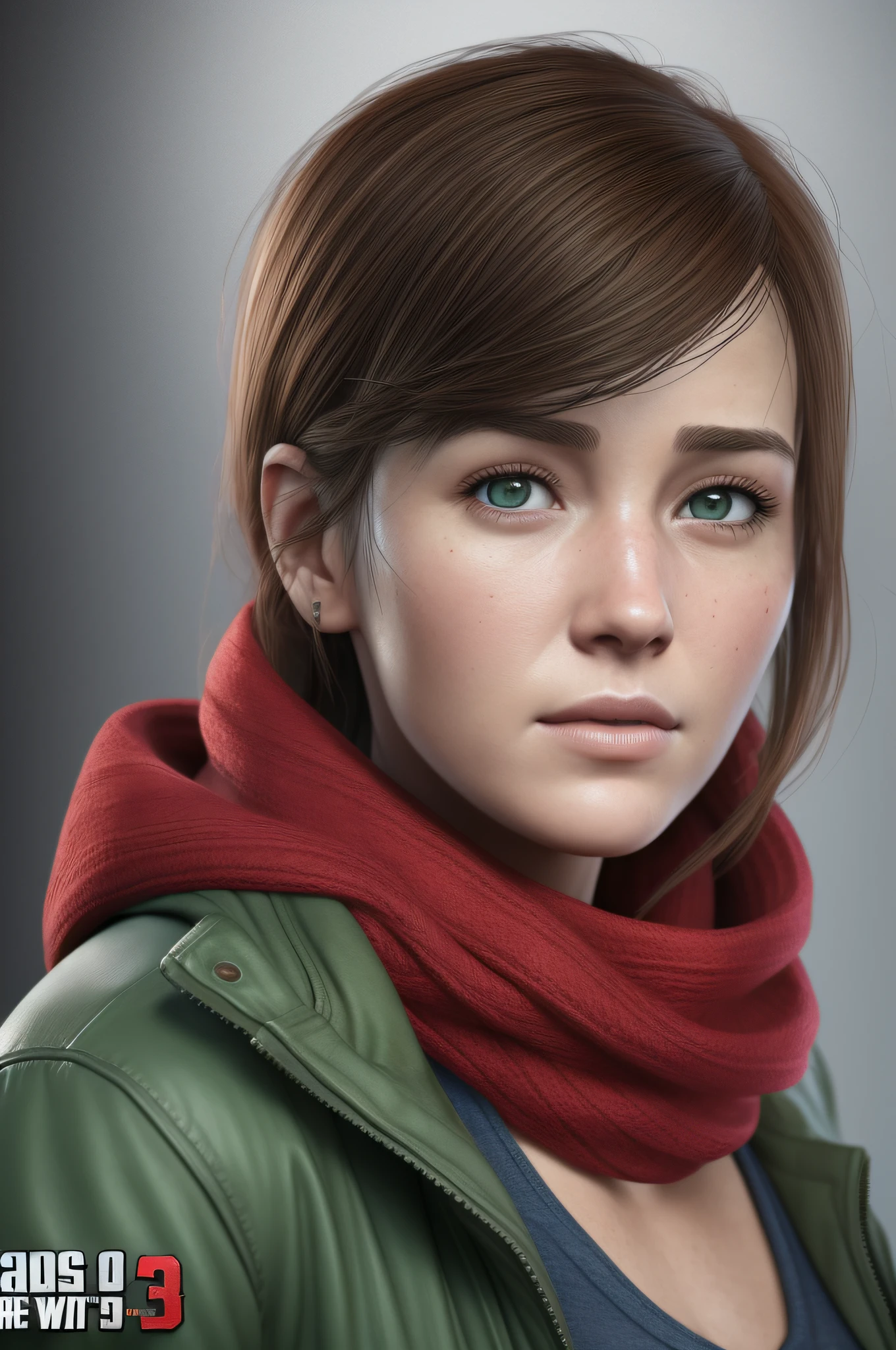 Arafed image of an adult woman with a green jacket and a red scarf, Ellie from The Last of Us, Ellie (Last of Us), portrait of Max Caulfield, adult female protagonist, adult female protagonist:8, Luscious ) in The Last of Us, as the 👀 protagonist of GTA 5, adult female main character, cinematic realistic portrait, ultra realistic image,  Moody Realistic Face Lighting