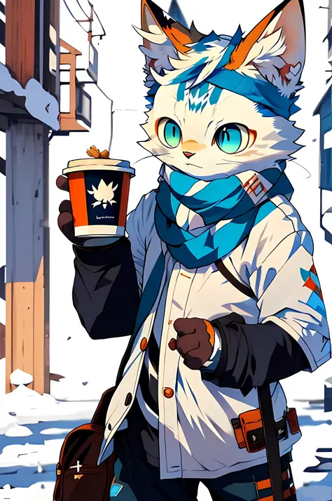 anime, a cat with blue eyes and a scarf holding a cup, popular on artstation pixiv, digital art on pixiv, guweiz style artwork, ...