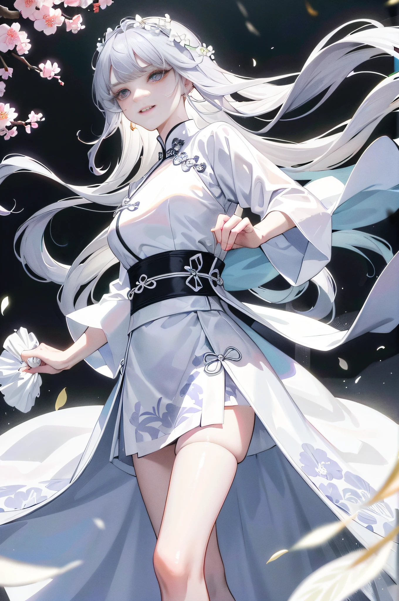 Masterpiece, Excellent, Daytime, Outdoor, Falling Flowers, White Cheongsam, White Robe, White Short Skirt, Horse Face Skirt, Branches, Chinese Style, Ancient China, 1 Girl, Perfect Woman, Silver-White Long Haired Woman, Gray-Blue Eyes, Pale Pink Lips, Cold, Serious, Bang, Purple Eyes, White Clothes, Black Clothing Pattern, Delicate Face, Delicate Face, Standing, Legs, Smile