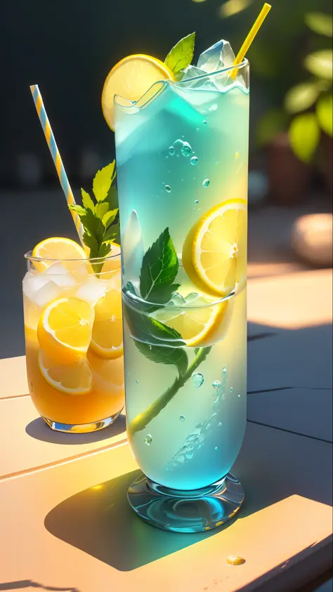Masterpiece, best quality, (very detailed CG Unity 8k wallpaper), (best quality), (best illustration), (best shadow), drinking a glass of soda on a stone, a soft drink with lemon, mint leaves and bubbles, yellow gradient to blue, very cool, colorful straws...