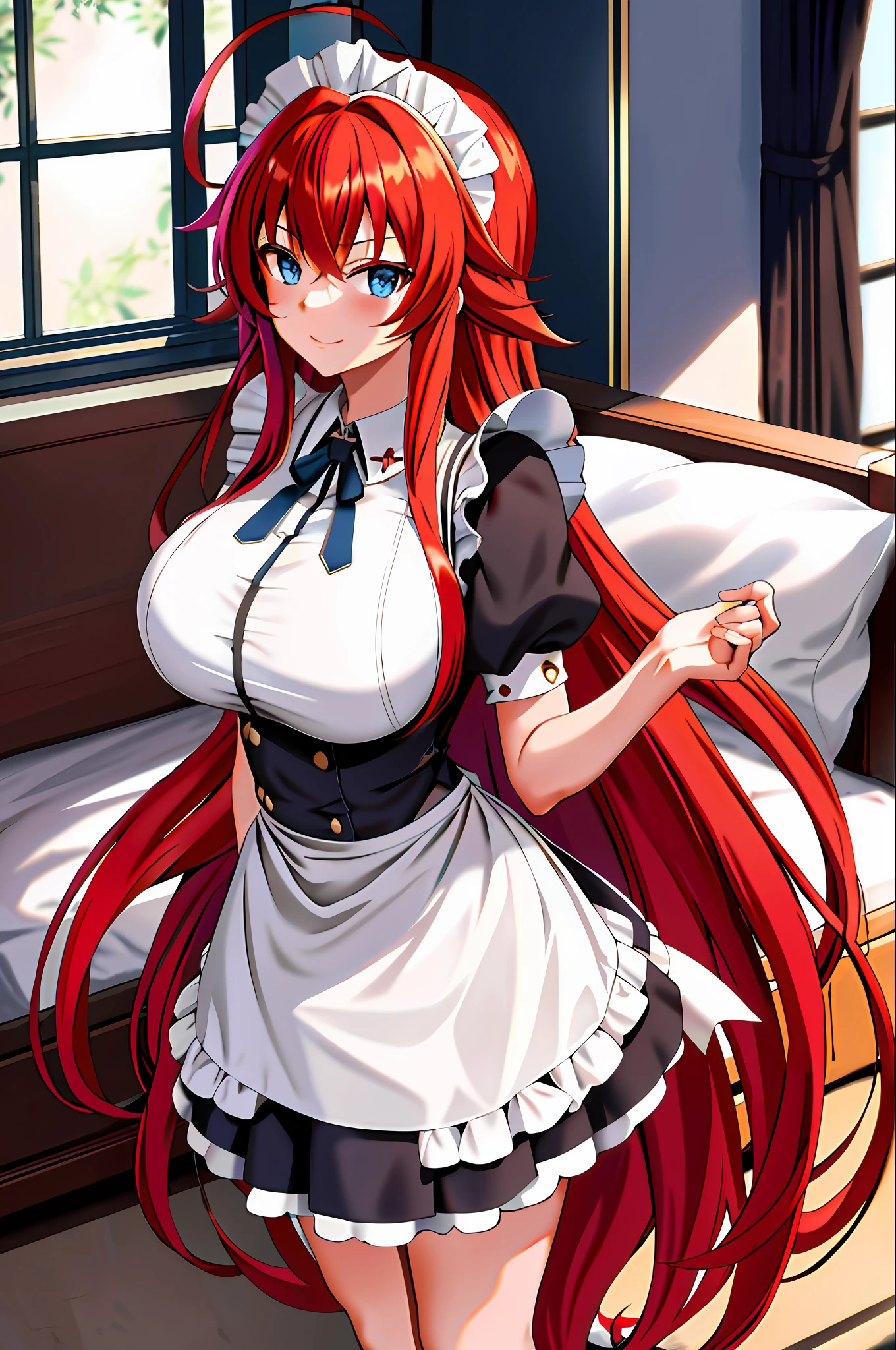 Anime girl in maid outfit standing in front of a bed - SeaArt AI