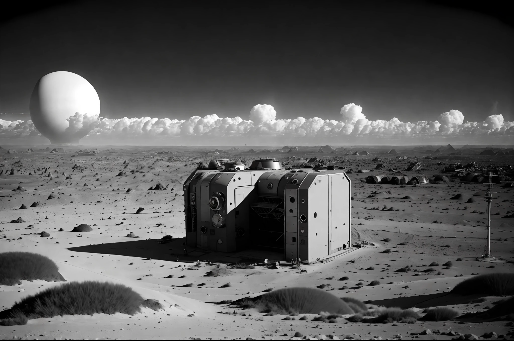 The camera is positioned in space, looking down on a dying Earth. The shot is captured using a high-resolution digital camera with a wide-angle lens, emphasizing the vastness and emptiness of space. The shot is treated with a gritty, high-contrast film look that adds to the stark and bleak atmosphere. The overall effect is inspired by the post-apocalyptic style of sci-fi artist Simon Stlenhag and documentary photographer Sebastio Salgado