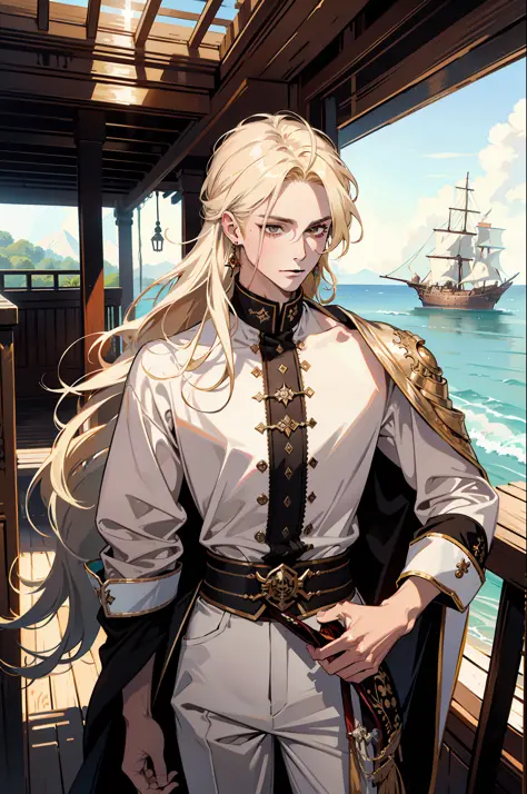 masterpiece, absurdres, best quality ,intricate details , (shiny skin, shiny body, shiny oily luster skin, shiny hair, pale skintone), pirate ship , Sundown , ((1man)), attractive, ((muscular)), adult, one eye patch, tattoo ,white blouse, earrings, brown p...