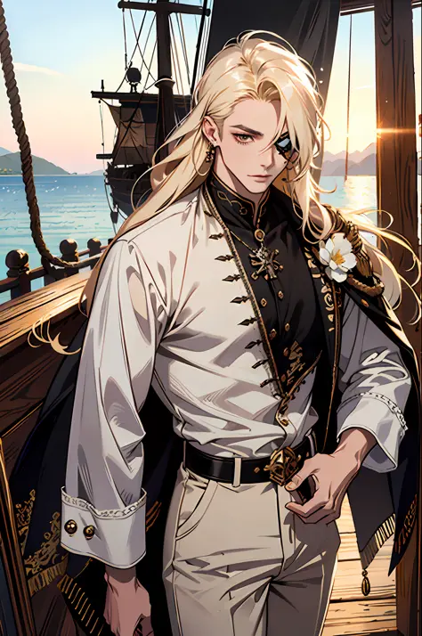 masterpiece, absurdres, best quality ,intricate details , (shiny skin, shiny body, shiny oily luster skin, shiny hair, pale skintone), pirate ship , Sundown , ((1man)), attractive, ((muscular)), adult, one eye patch, tattoo ,white blouse, earrings, brown p...