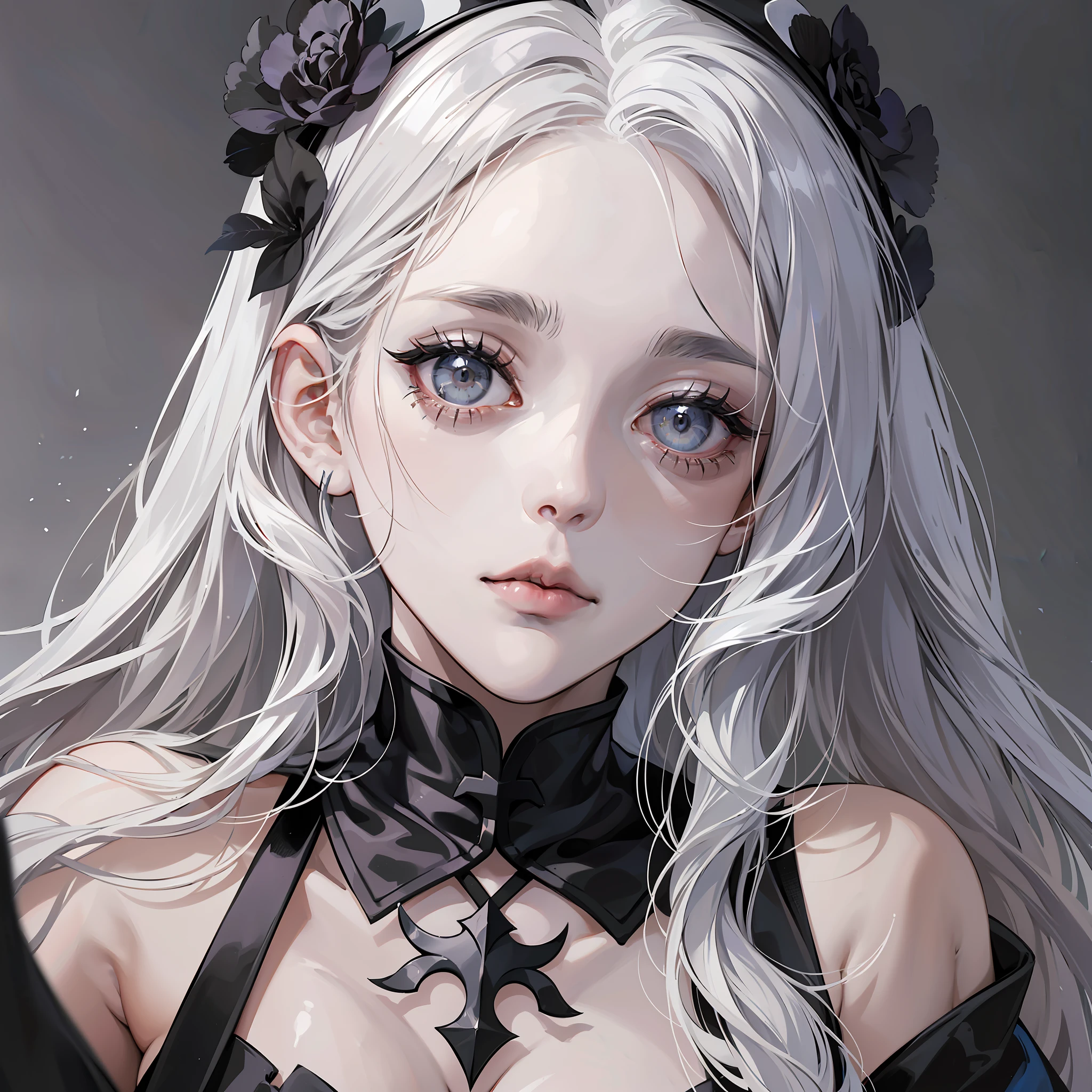 a woman with long white hair and gray eyes in a black and white dress, an imvu inspired by Martina Joanna, an obsessively beautiful zombie inspired by Takeshi Obata, a portrait of Lady Mary pale as marble, Griffith from Berserk, a portrait of an old necromancer, Billie Eilish as a sad nun --auto --s2
