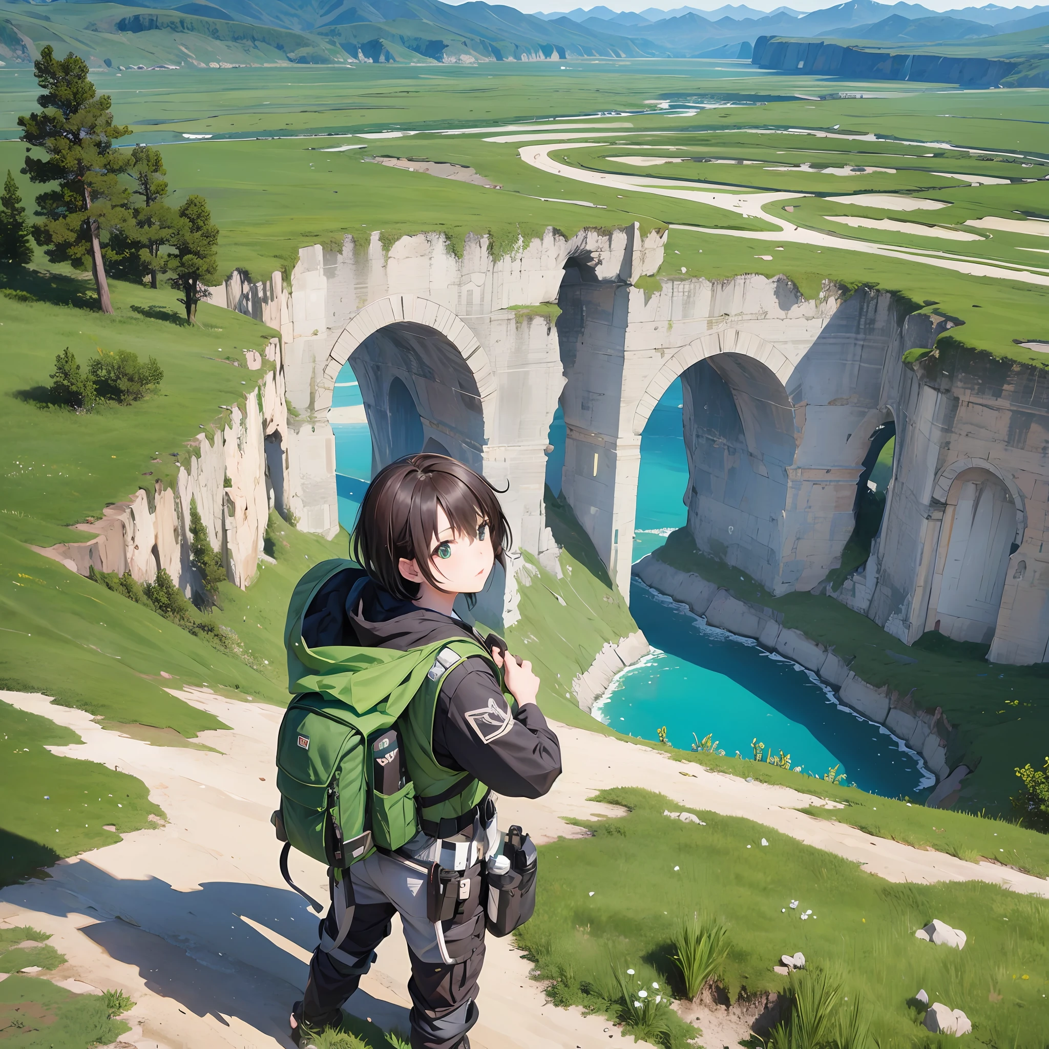 Canyon Ruínas Taiju Picareta Explorador Roupas de Explorador Cabelo Verde Mulher Adulta Cabelo Curto Ruínas Grande Lago Absurdo Grande Céu Expansivo Natureza