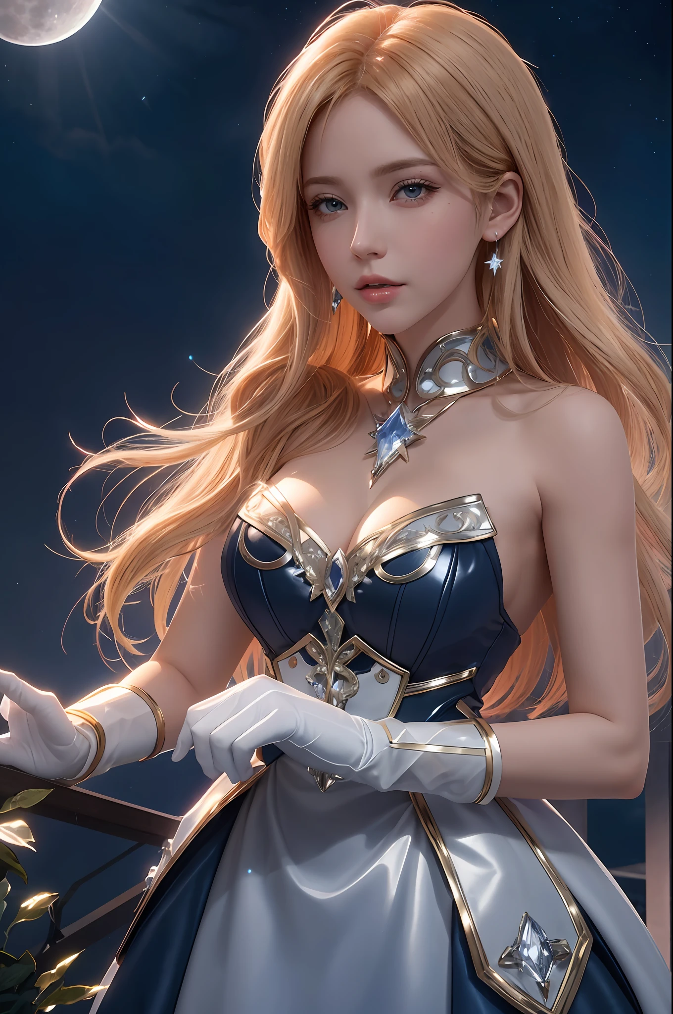 hair red gradient blonde,  night sky, detailed face, face focus, shiny skin, game cg, nigh sky, moonlight, moon,  white gloves, magical girl beauty in dress glass, Intricate Surface Detail,  Crystal Core , Ethereal Fantasy, Realistic, Fiction, Full-HD, 8K Photo