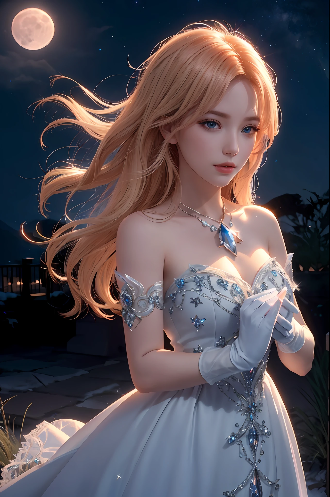 hair red gradient blonde,  night sky, detailed face, face focus, shiny skin, game cg, nigh sky, moonlight, moon,  white gloves, magical girl beauty in dress glass, Intricate Surface Detail,  Crystal Core , Ethereal Fantasy, Realistic, Fiction, Full-HD, 8K Photo