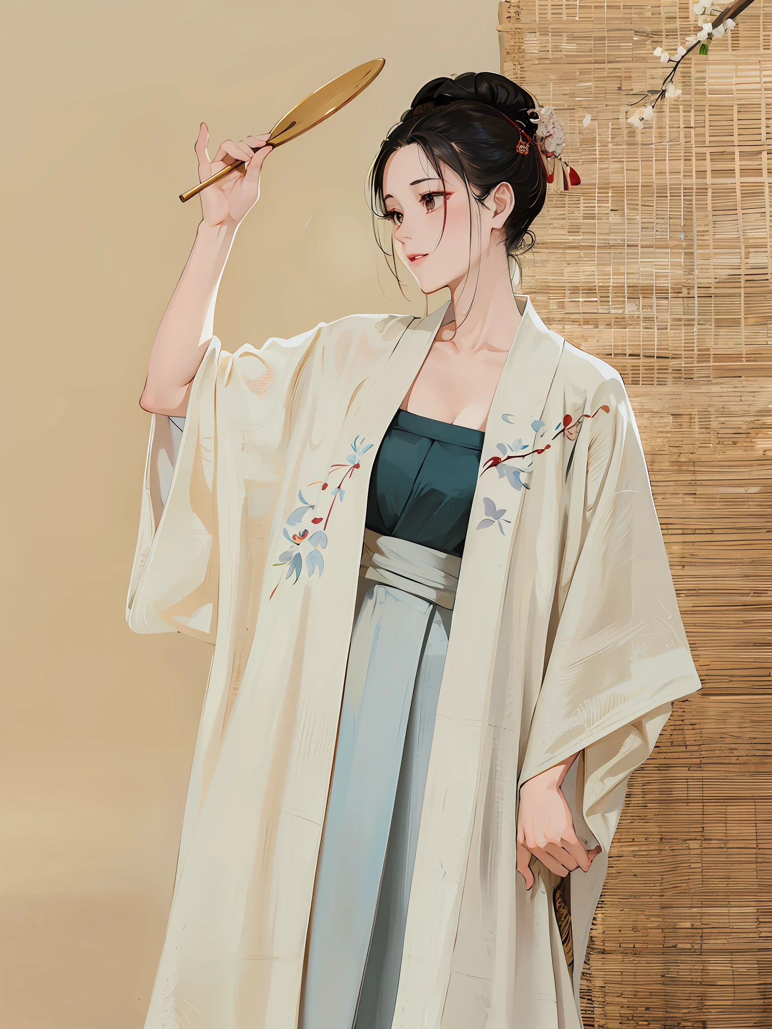 arafed woman in a 키모노 with a fan and a bamboo mat, 한푸, pale and coloured 키모노, 수놓은 예복, 키모노, classic 키모노, white 한푸, in 키모노, 일본 옷, long beautiful flowing 키모노, 용에게서 영감을 받은 천 로브, 배고픈 유령 축제, japanese 키모노, wearing 키모노, 간단한 가운을 입고, 하오리를 입고