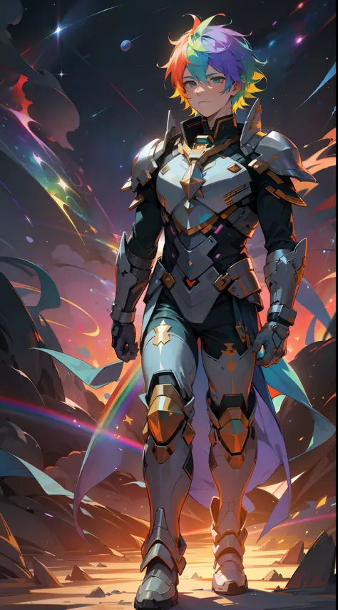 a man with rainbow colored hair and rainbow teal armor, walking in the stars, rainbow colored cosmic nebula background, stars, galaxies