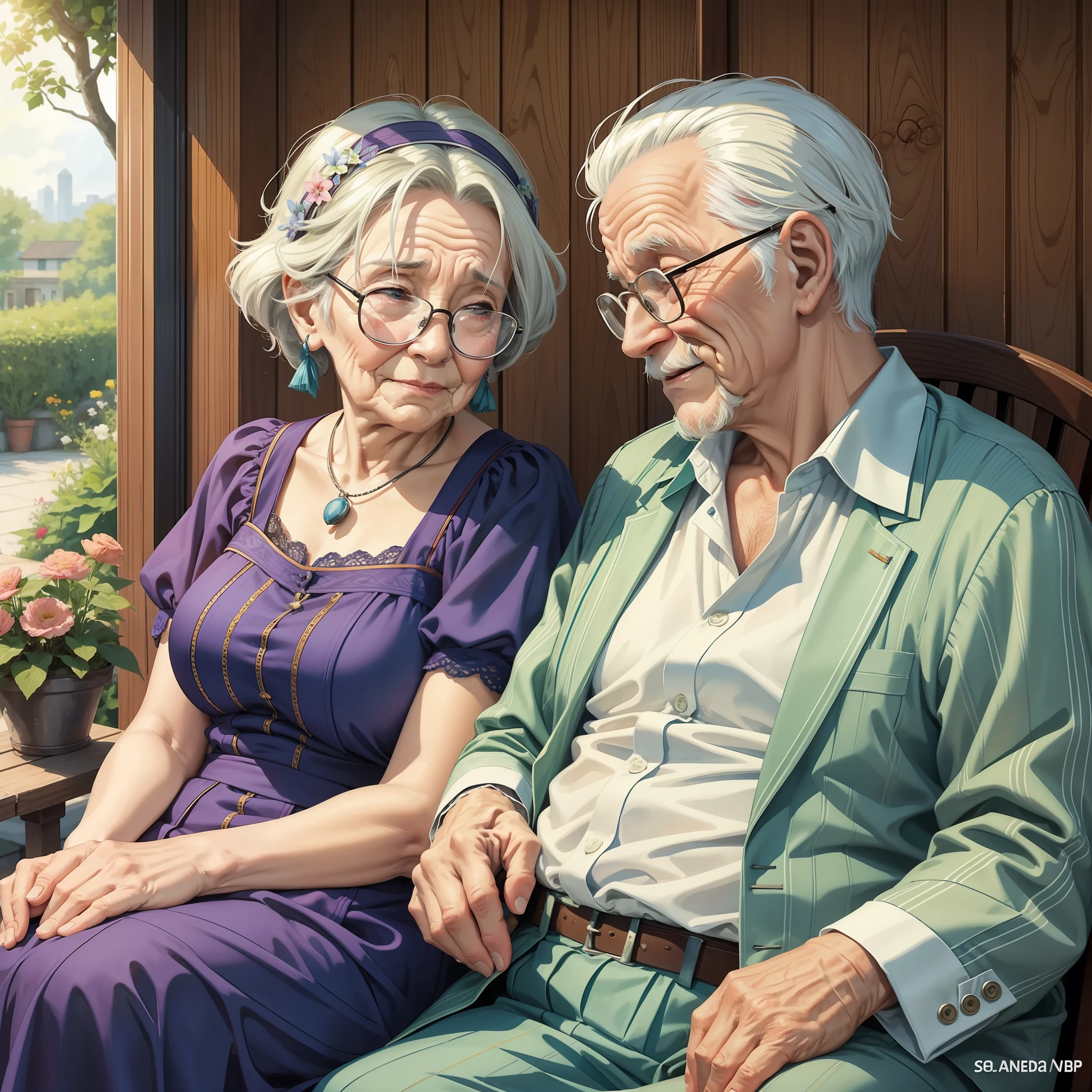 お互いに恋し合っているおじいちゃんとおばあちゃんが一緒にパティオに座っている --auto --s2