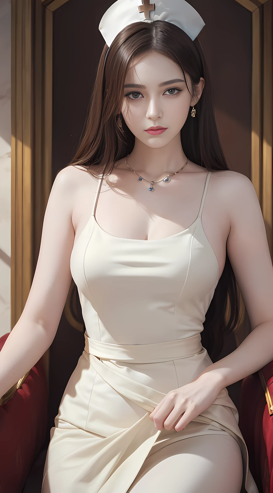 (1girl:1.3), solo, __Body parts__ realistic skin, Pale skin, Big, Official art, Unified 8k wallpaper, Ultra detailed, Beauty and aesthetics, Beauty, Masterpiece, Best Quality, In a Premium Royal Palace, Fantastic Atmosphere, Calm Color Palette, Tranquil Mood, Soft Shadows, Nurse, Glamour