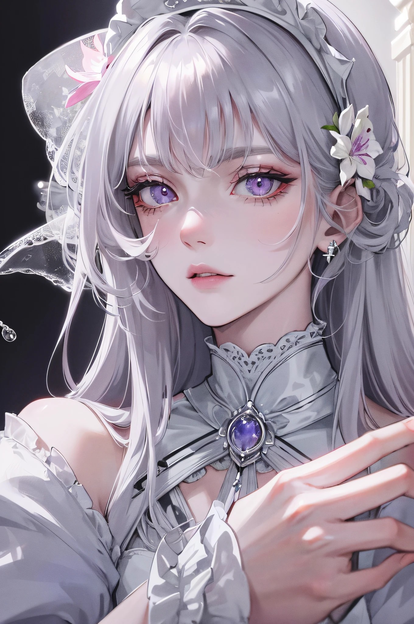 Masterpiece Best Night Full Moon 1 Female Mature Woman Sister Royal Sister Cold Face Expressionless Silver-White Long Haired Woman Light Pink Lips Calm and Intellectual Three Banded Gray Pupil Assassin Short Knife, Flower, Hand Detail, Facial Detail, Delicate Makeup, Gorgeous Dress